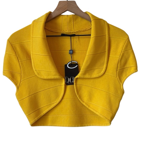 Cyrus Sweaters - NEW Cyrus Knits Lemon Yellow Bolero Crop Sweater Md Stretch Silver Rhinestones